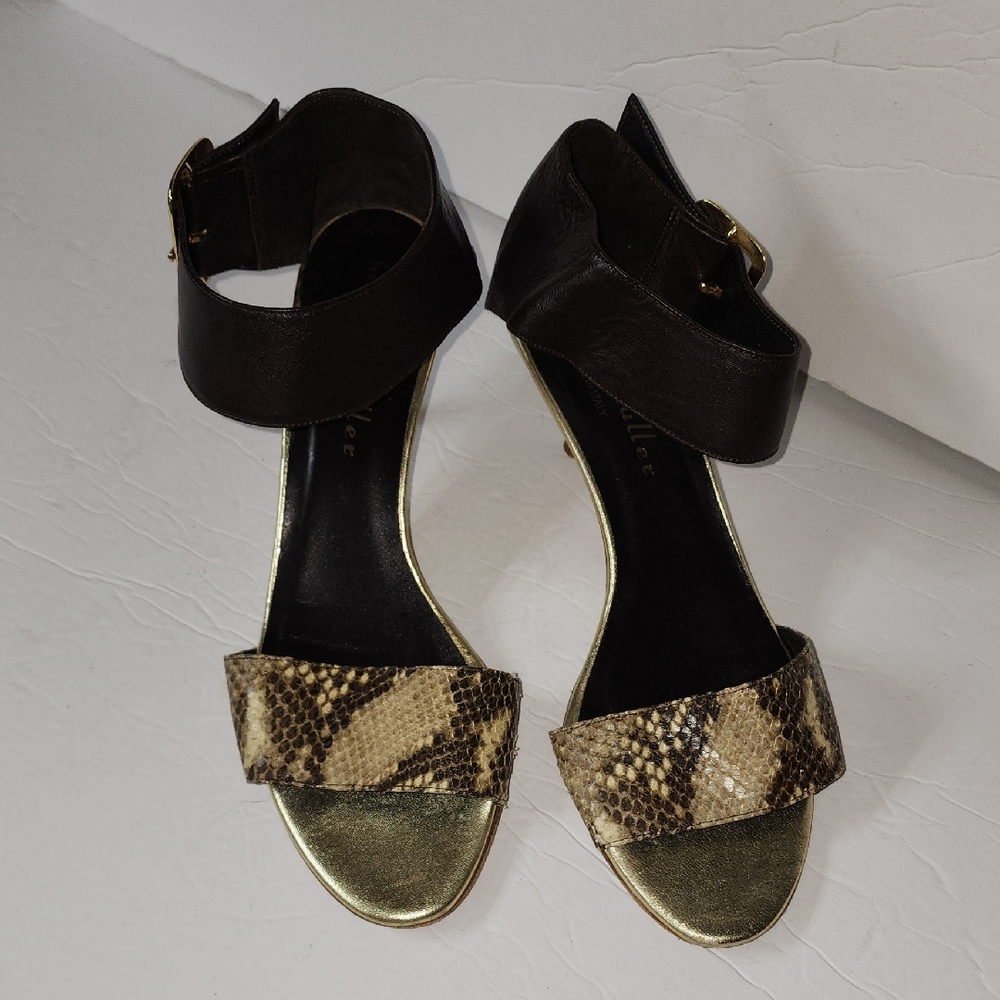 Bettye Muller Snakeskin and Gold Sandals